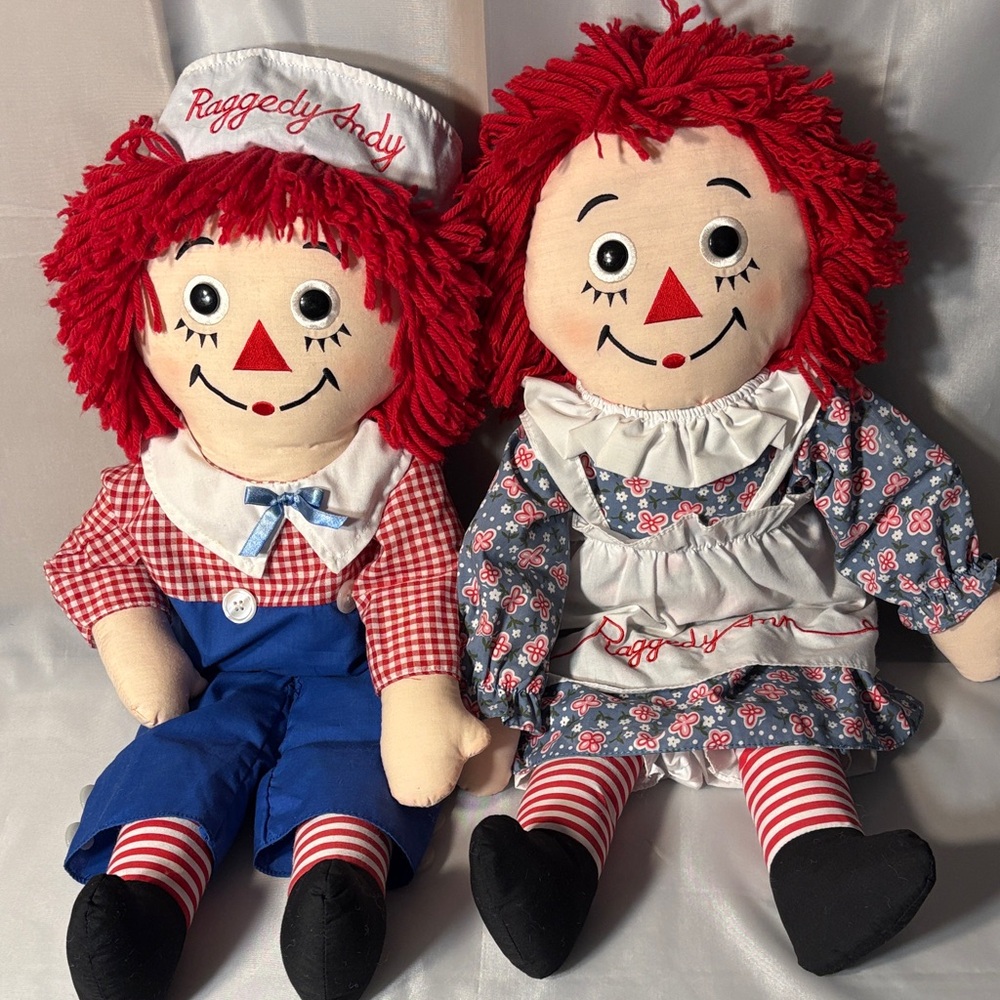 Raggedy Ann and Andy Dolls with Red Hair  80th and 85th birthday 25 inches tall